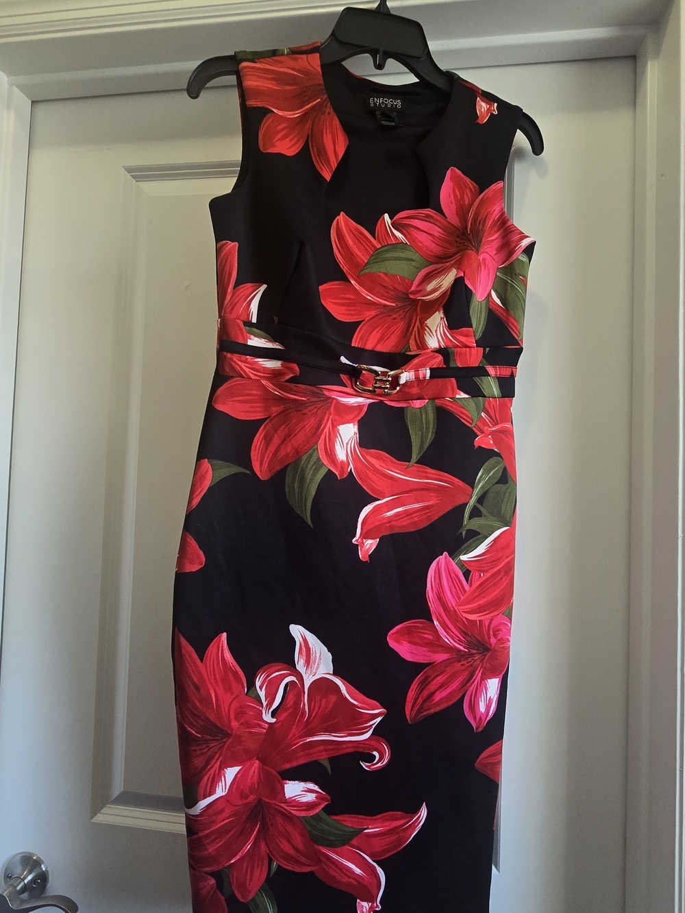 Enfocus Studio Black Sheath Dress with Red Floral Print